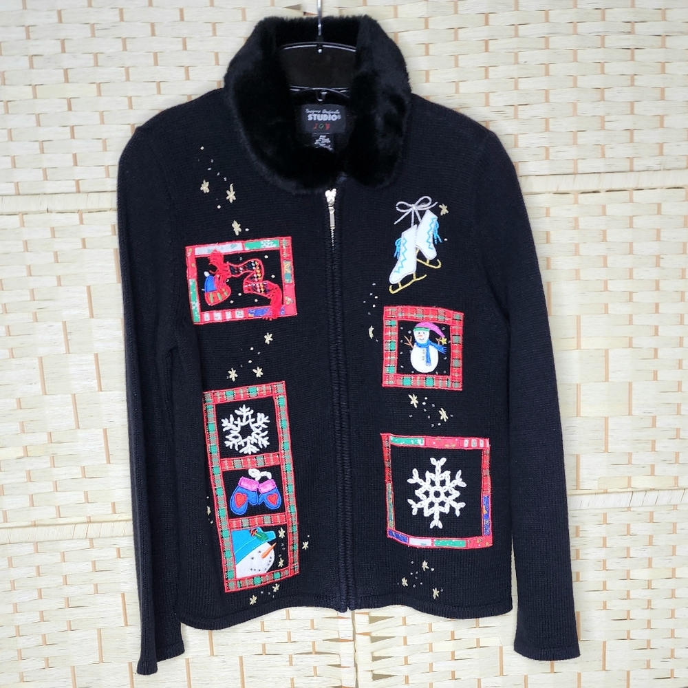 Vintage Designer Originals Holiday Faux Fur Collar Sweater Size PM